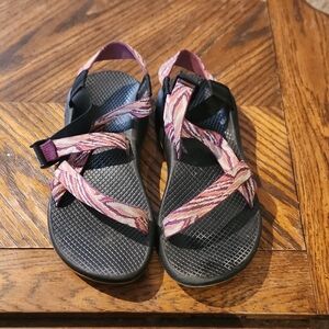 Chaco Women's Strappy Sandals in Black with Pink Patterned Straps